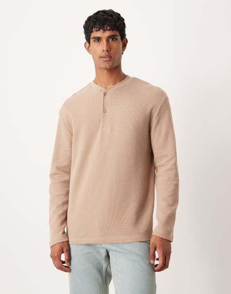 ASOS DESIGN relaxed long sleeve t-shirt with henley neck in beige waffle