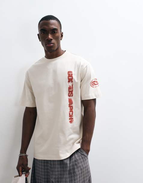 ASOS DESIGN – Beżowy luźny T-shirt z nadrukiem tekstowym - view 1