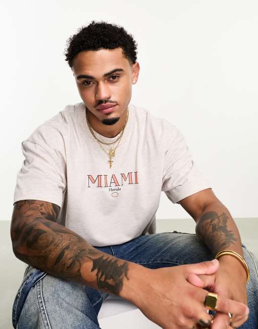 ASOS DESIGN – Beżowy melanżowy T-shirt oversize z nadrukiem Miami na piersi