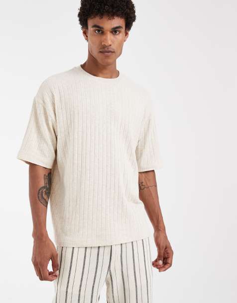 ASOS DESIGN – Beżowy prążkowany T-shirt oversize z imitacji lnu - view 1