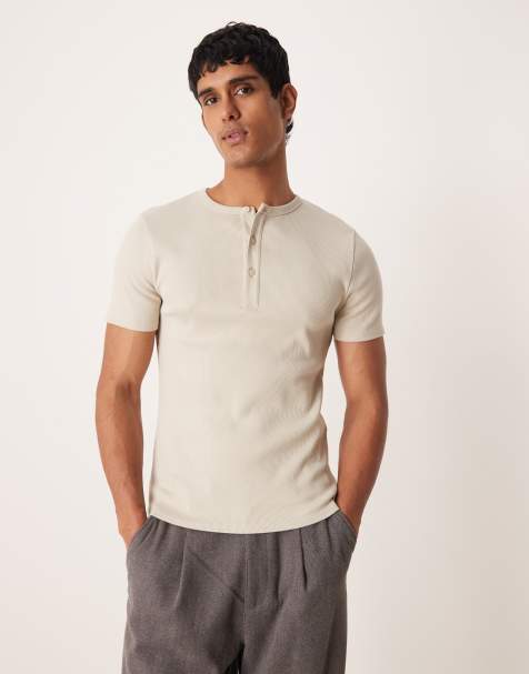 ASOS DESIGN – Beżowy prążkowany T-shirt z dekoltem henley o kroju podkreślającym sylwetkę z bardzo grubego materiału - view 1