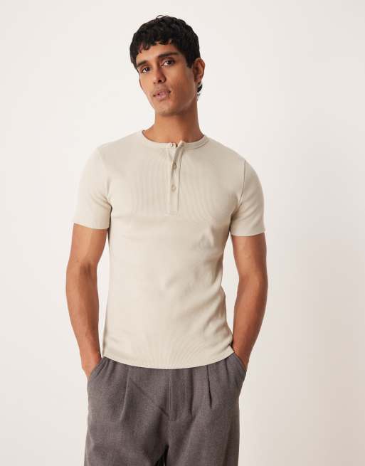 ASOS DESIGN – Beżowy prążkowany T-shirt z dekoltem henley o kroju podkreślającym sylwetkę z bardzo grubego materiału