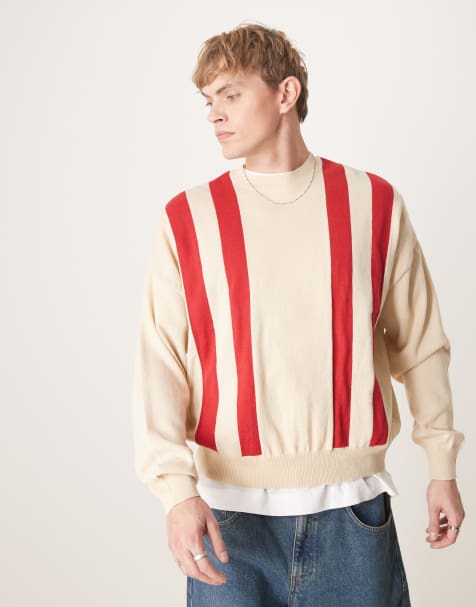 ASOS DESIGN – Beżowy pudełkowy sweter dzianinowy oversize z okrągłym dekoltem i nadrukiem pasków - view 1