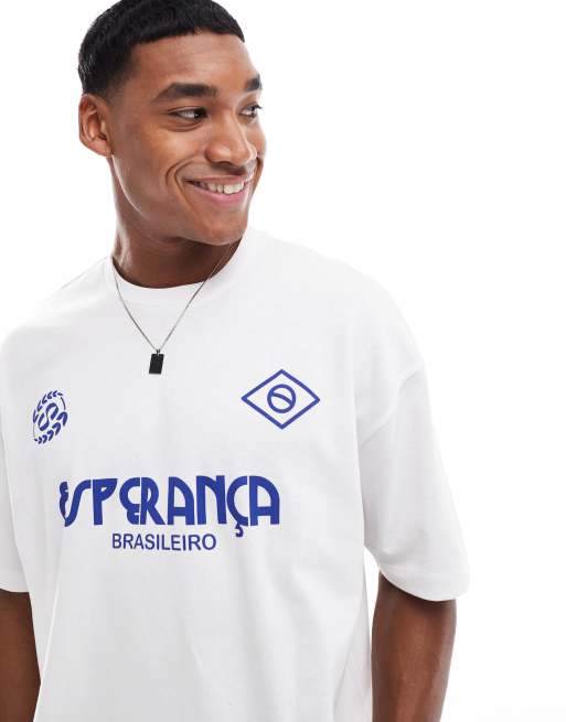 ASOS DESIGN – Beżowy pudełkowy T-shirt oversize ze sportową grafiką 