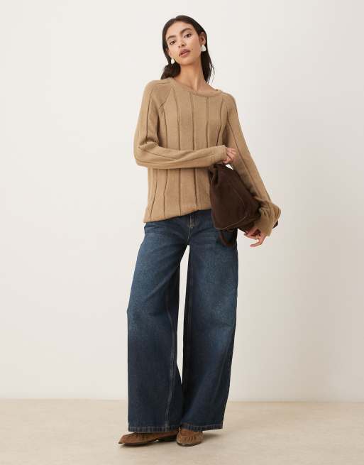 ASOS DESIGN – Beżowy puszysty dzianinowy sweter w szerokie prążki, 2 z 4