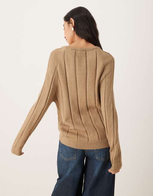 ASOS DESIGN – Beżowy puszysty dzianinowy sweter w szerokie prążki, 3 z 4