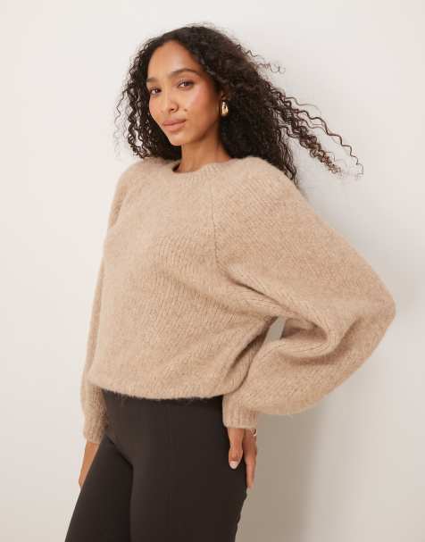 ASOS DESIGN fluffy raglan blouson sleeve jumper in beige