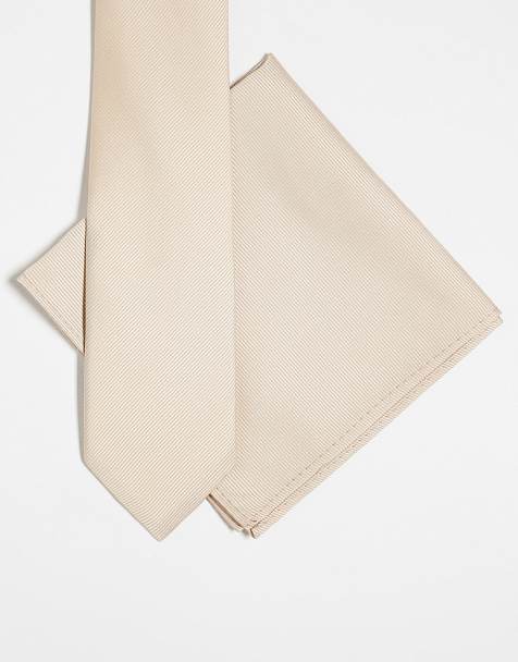 ASOS DESIGN – Beżowy satynowy zestaw z krawatem i poszetką - view 1