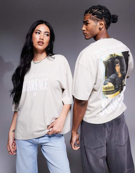 ASOS DESIGN – Beżowy sprany T-shirt oversize unisex z licencjonowanym nadrukiem Scarface - view 1