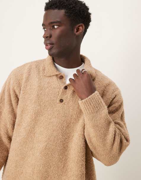 ASOS DESIGN – Beżowy sweter o pudełkowym kroju oversize z kołnierzykiem polo z fakturowanej dzianiny - view 1