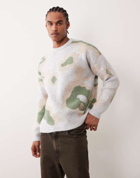 ASOS DESIGN – Beżowy sweter oversize z okrągłym dekoltem i abstrakcyjnym wzorem  - view 1
