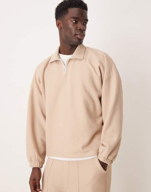 ASOS DESIGN – Beżowy sweter polo oversize z obniżoną linią ramion z materiału o waflowej strukturze ze szczotkowanym wnętrzem, część zestawu