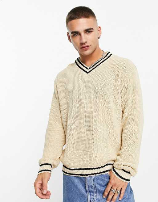 ASOS DESIGN – Beżowy sweter w stylu krykietowym o splocie patentowym 