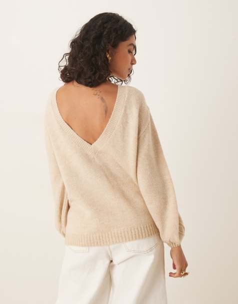 ASOS DESIGN knitted open back jumper in honey beige