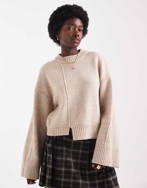 ASOS DESIGN – Beżowy sweter z okrągłym dekoltem, ozdobnymi szwami z przodu i obniżonym dołem - view 1