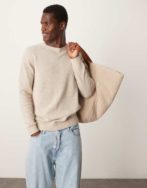 ASOS DESIGN – Beżowy sweter z owczej wełny z okrągłym dekoltem