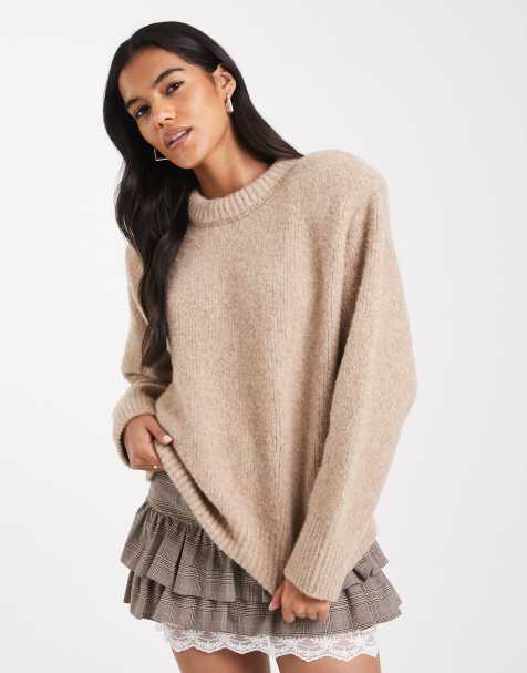ASOS DESIGN bold shoulder stuffed neck trim jumper with shoulder pads in beige