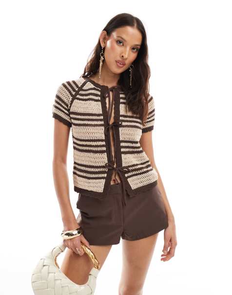 ASOS DESIGN crochet knit tie front striped cardigan in beige