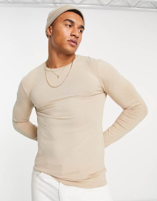 ASOS DESIGN – Beżowy T-shirt o kroju podkreślającym sylwetkę z długimi rękawami 