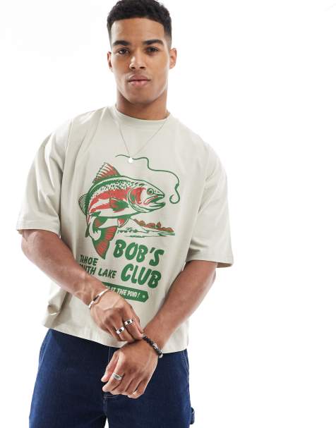 ASOS DESIGN – Beżowy T-shirt o pudełkowym kroju oversize z grafiką z rybą - view 1