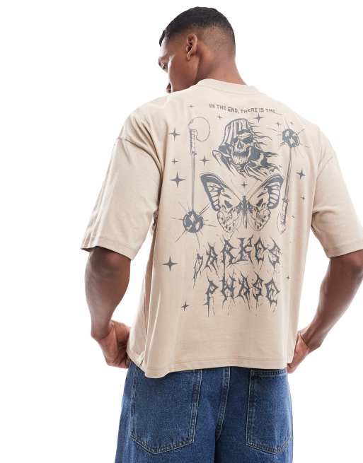 ASOS DESIGN – Beżowy T-shirt o pudełkowym kroju oversize z nadrukiem w stylu grunge na plecach