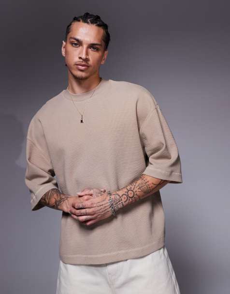 ASOS DESIGN oversized boxy t-shirt with half sleeve in beige waffle  