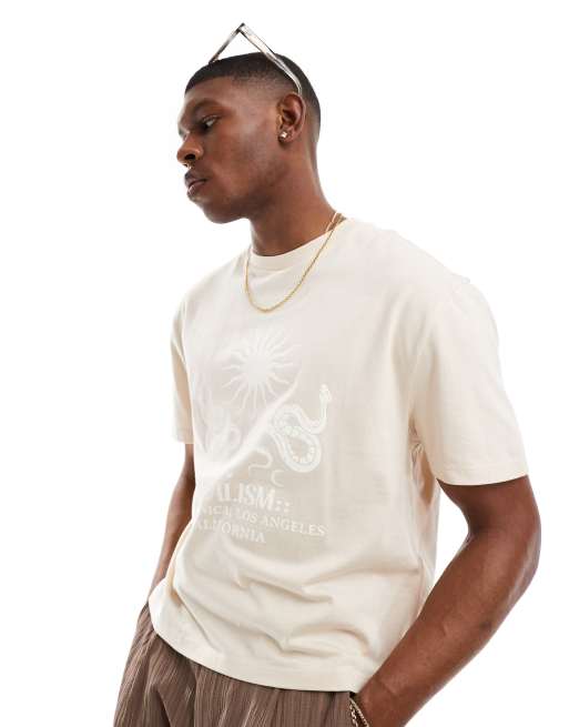 ASOS DESIGN – Beżowy T-shirt o pudełkowym luźnym kroju z astrologicznym nadrukiem z przodu