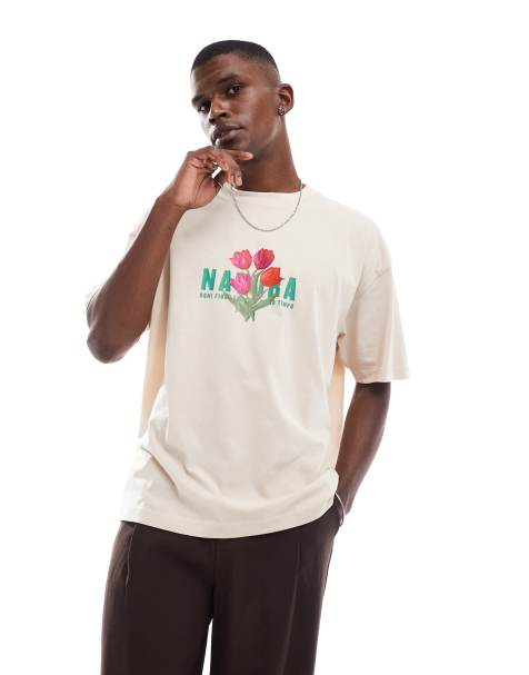 ASOS DESIGN oversized t-shirt with floral graphic in beige