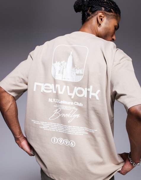 ASOS DESIGN – Beżowy T-shirt oversize z grafiką z napisem New York - view 1