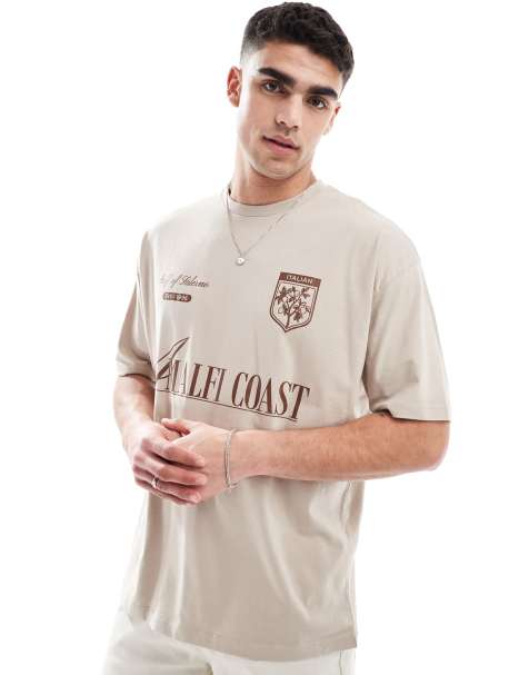 ASOS DESIGN – Beżowy T-shirt oversize z grafiką z nazwa miasta - view 1