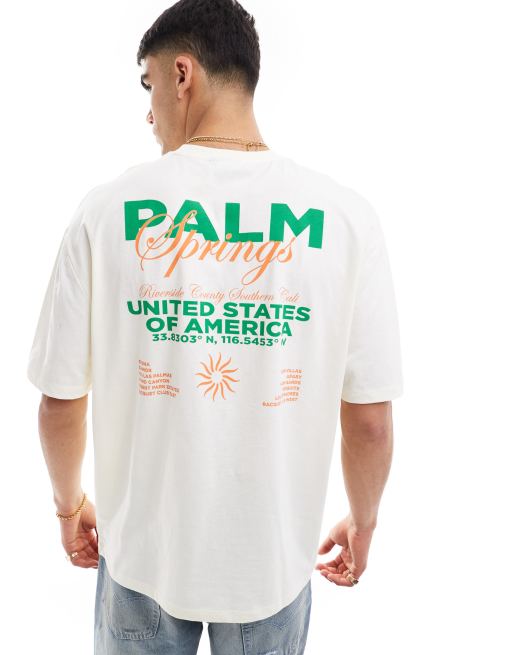 ASOS DESIGN – Beżowy T-shirt oversize z nadrukiem i napisem „Palm Springs” na plecach