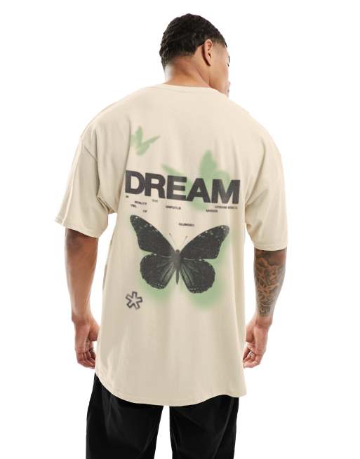 ASOS DESIGN – Beżowy T-shirt oversize z nadrukiem motyli na plecach
