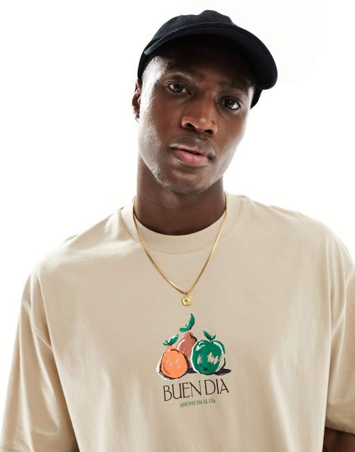 ASOS DESIGN – Beżowy T-shirt oversize z nadrukiem owoców na piersi