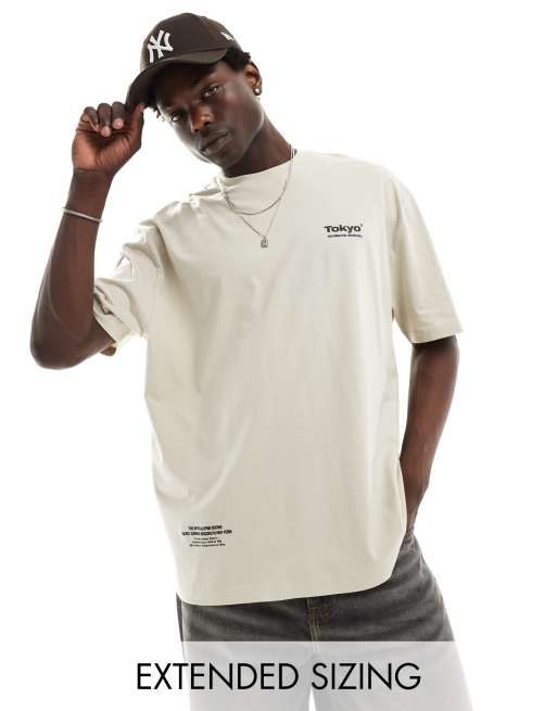 ASOS DESIGN – Beżowy T-shirt oversize z nadrukiem z napisem „Tokyo”