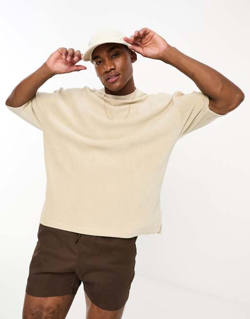 ASOS DESIGN – Beżowy T-shirt oversize z prążkowanego weluru
