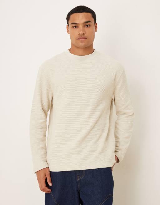 ASOS DESIGN – Beżowy T-shirt z dzianiny boucle o luźnym kroju z długim rękawem
