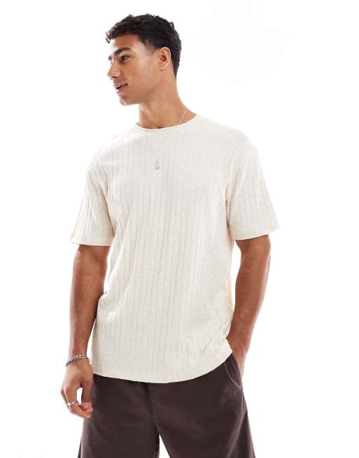 ASOS DESIGN – Beżowy T-shirt z materiału o wyglądzie lnu z okrągłym dekoltem