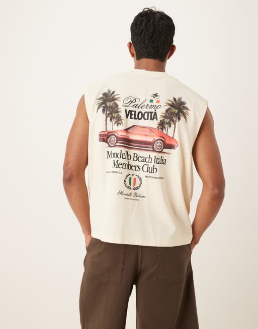 ASOS DESIGN – Beżowy top o pudełkowym kroju oversize z grafiką z samochodem