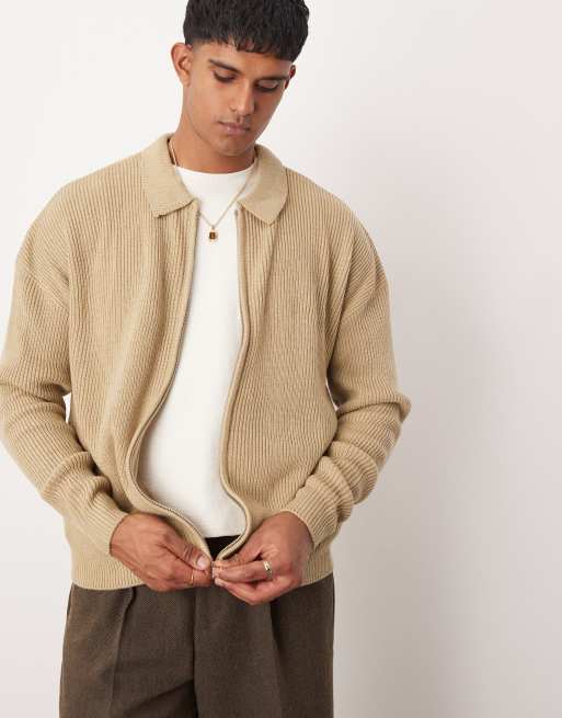 ASOS DESIGN – Beżowy zapinany na zamek kardigan oversize z prążkowanej dzianiny z kołnierzykiem