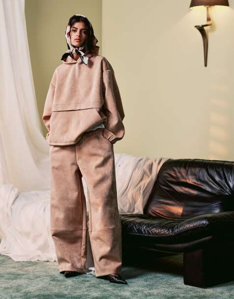 ASOS DESIGN – Beżowy zestaw z tkaniny typu nurek: bluza z kapturem i joggersy - view 1