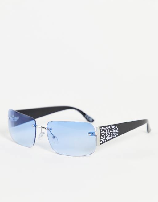 ASOS DESIGN – Bezramkowe okulary przeciwsłoneczne w stylu lat 90. z niebieskimi soczewkami i zdobionymi zausznikami