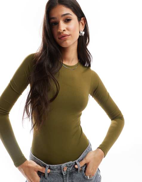 ASOS DESIGN – Bezszwowe body o modelującym fasonie, z długimi rękawami i okrągłym dekoltem, w kolorze khaki - view 1