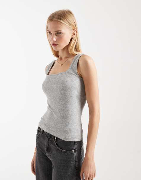 ASOS DESIGN – BH-freies, nahtloses Trägertop in meliertem Grau mit eckigem Ausschnitt und Rippstruktur - view 1