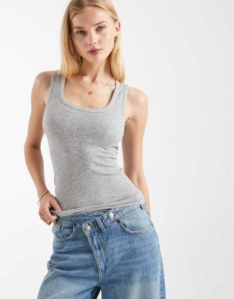 ASOS DESIGN – BH-freies, nahtloses Trägertop in meliertem Grau mit U-Ausschnitt und Rippstruktur - view 1