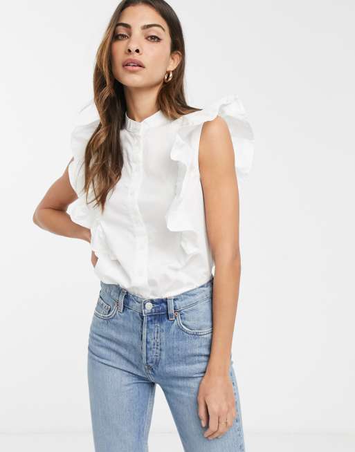 ASOS DESIGN – Biała bawełniana koszula bez rękawów z ozdobnymi falbankami