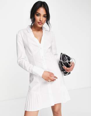 ASOS DESIGN – Biała, bawełniana sukienka koszulowa mini z plisowaniem, zapinana na guziki