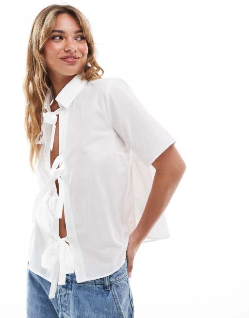 ASOS DESIGN – Biała bluzka popelinowa z wiązaniami z przodu