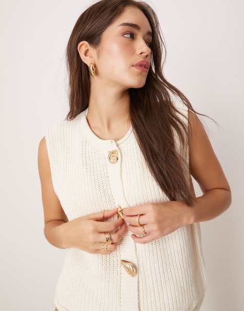 ASOS DESIGN knitted boxy waistcoat with multi shell buttons in white
