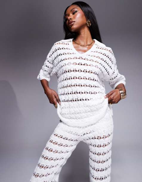 ASOS DESIGN knitted collared pretty stitch shirt co-ord in white