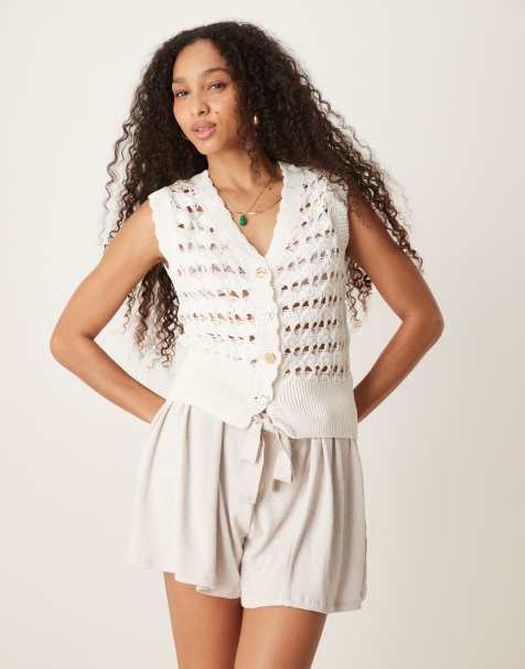 ASOS DESIGN crochet knitted waistcoat with scallop trim and gold buttons in white